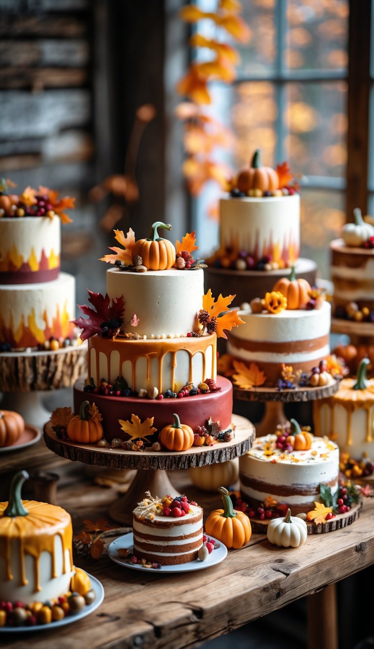 A display of 17 fall-themed wedding cakes decorated with autumn leaves, pumpkins, berries, and flowers on a wooden table.
